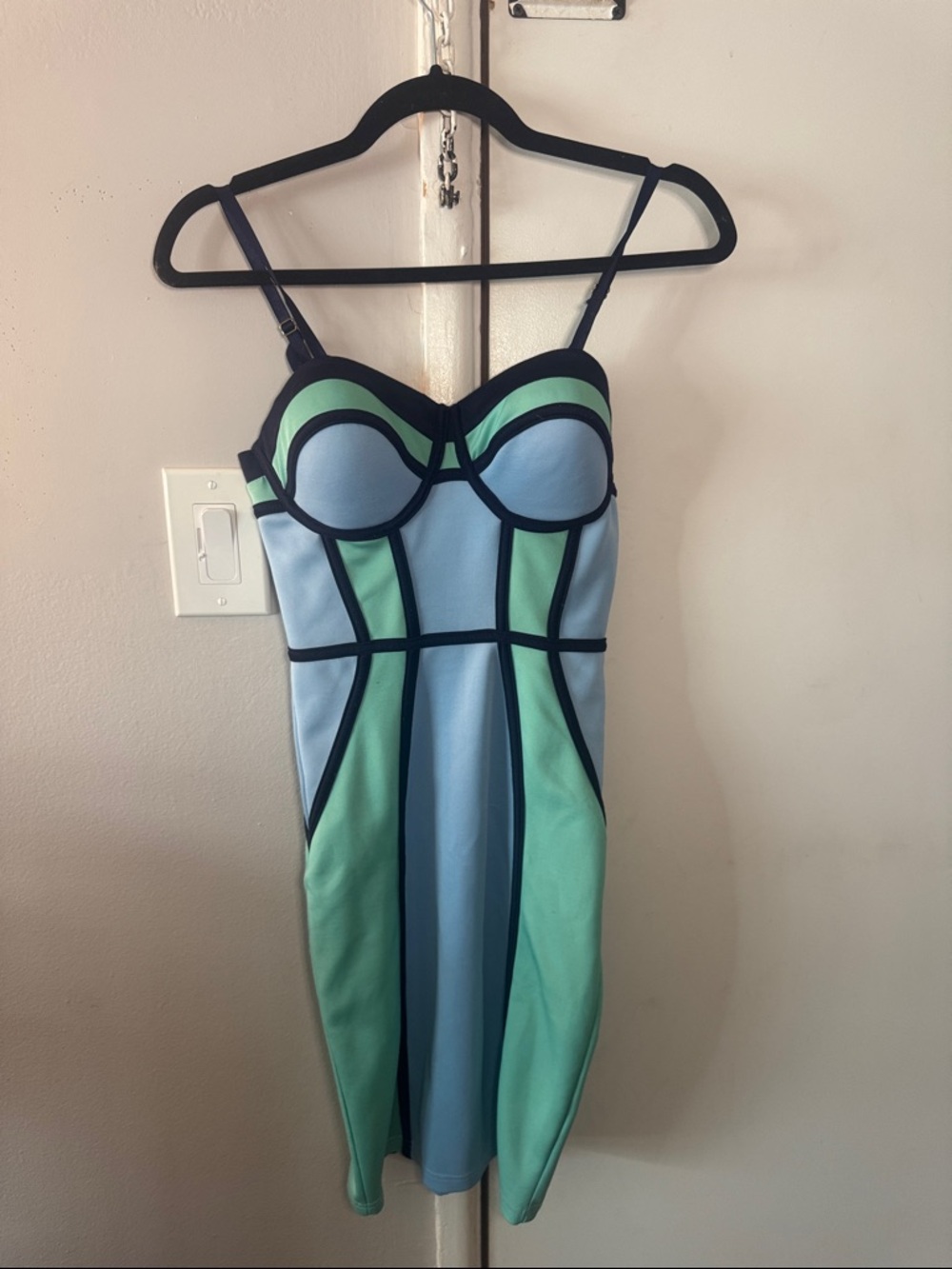Entry Mint & Sky Blue Bustier Slip with Black Piping